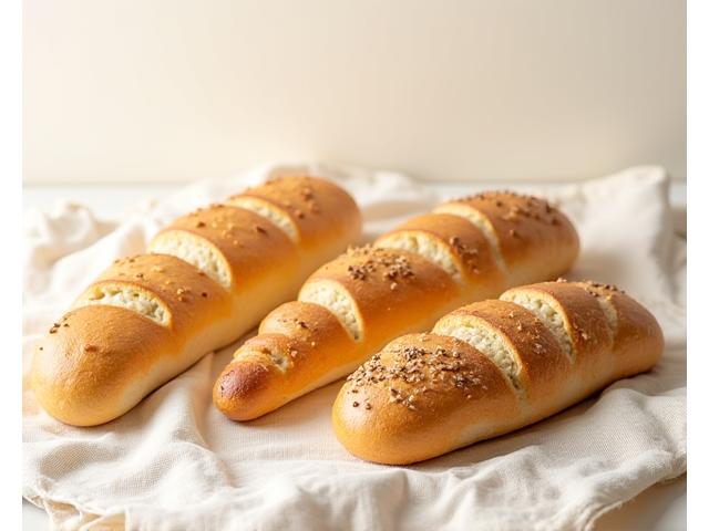 A selection of beautiful gluten-free artisan breads, light in colour and perfectly shaped, displayed on a clean linen cloth.