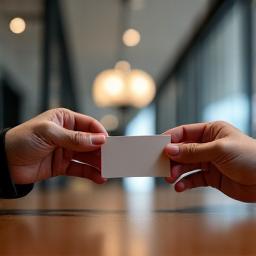 Two professionals exchanging business cards with a subtle, blurred background of a modern office