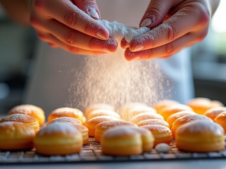 A close-up of hands dusting flour over prepared pastries on a baking sheet, with soft, directional light highlighting the fine dust.
