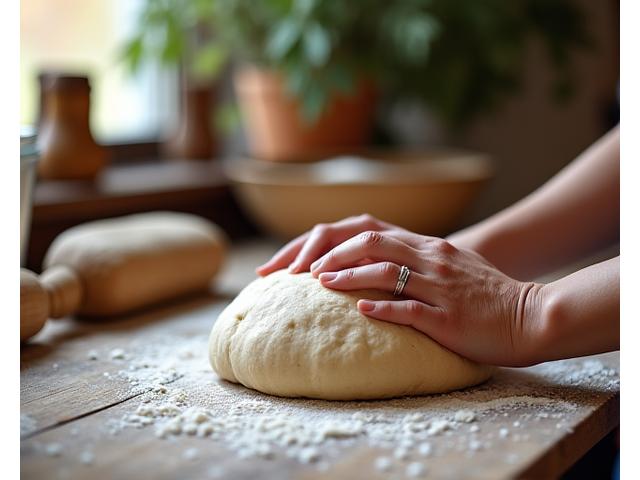 A baker's hands kneading dough on a floured wooden surface, with a rustic loaf of bread and fresh ingredients nearby, bathed in warm, natural light.