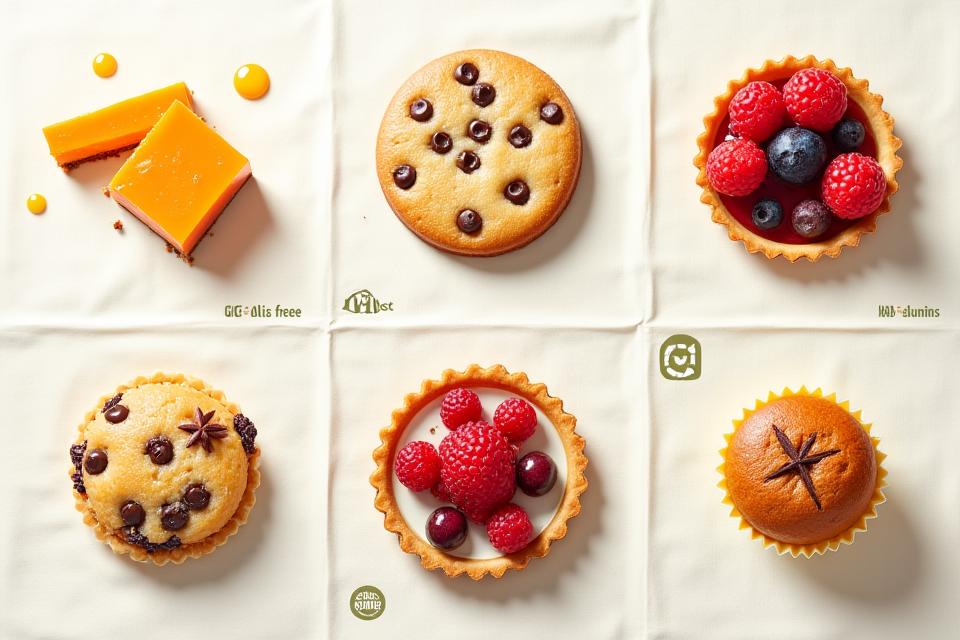 Overhead view of a variety of artisan gluten-free, dairy-free, and sugar-free pastries, each with small symbolic labels for dietary categories.