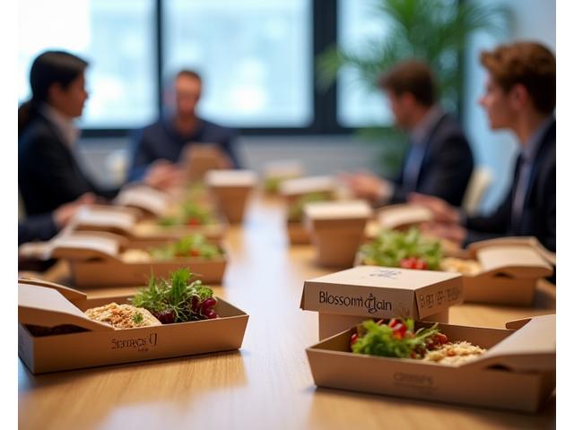 A corporate meeting room with individuals enjoying individually packed Blossom & Grain lunch boxes, showing professionalism and ease of service.