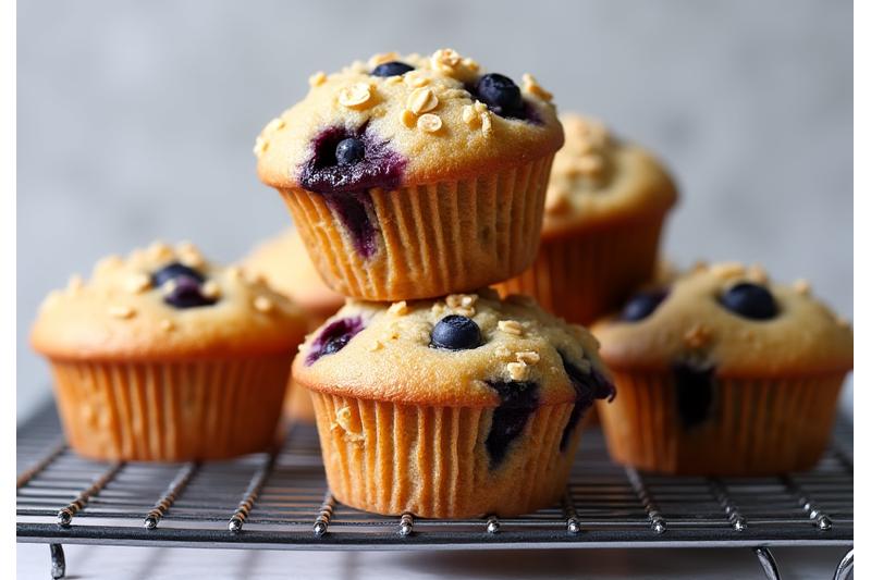 A stack of delicious gluten-free blueberry muffins with oat crumble topping, on a cooling rack.