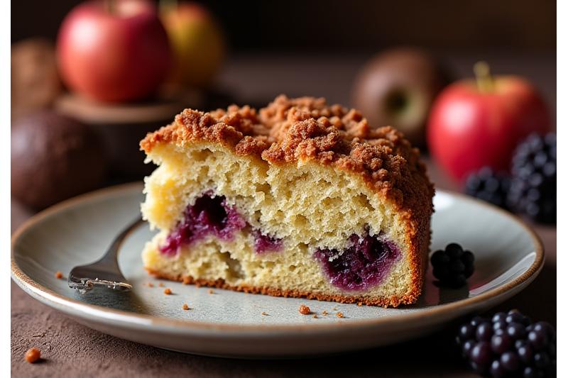 Warm, rustic spiced apple cake with a crumble topping, served on a autumnal plate.