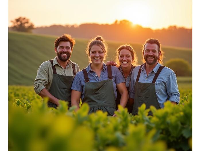 A group of local farmers smiling in a vibrant organic field with rolling Kent hills in the background, symbolizing community collaboration.